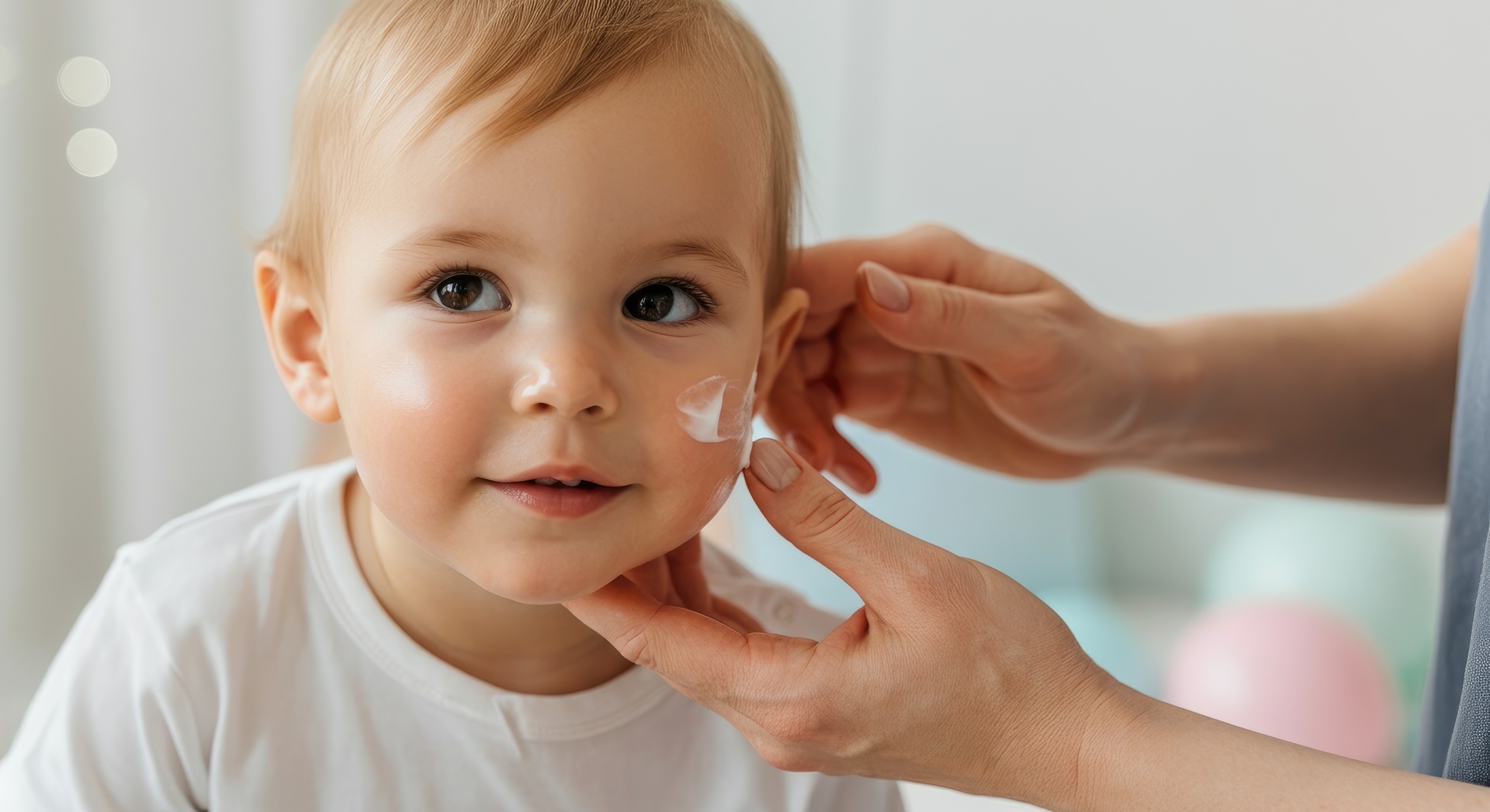 Parent applying moisturizing cream to child's face for eczema care