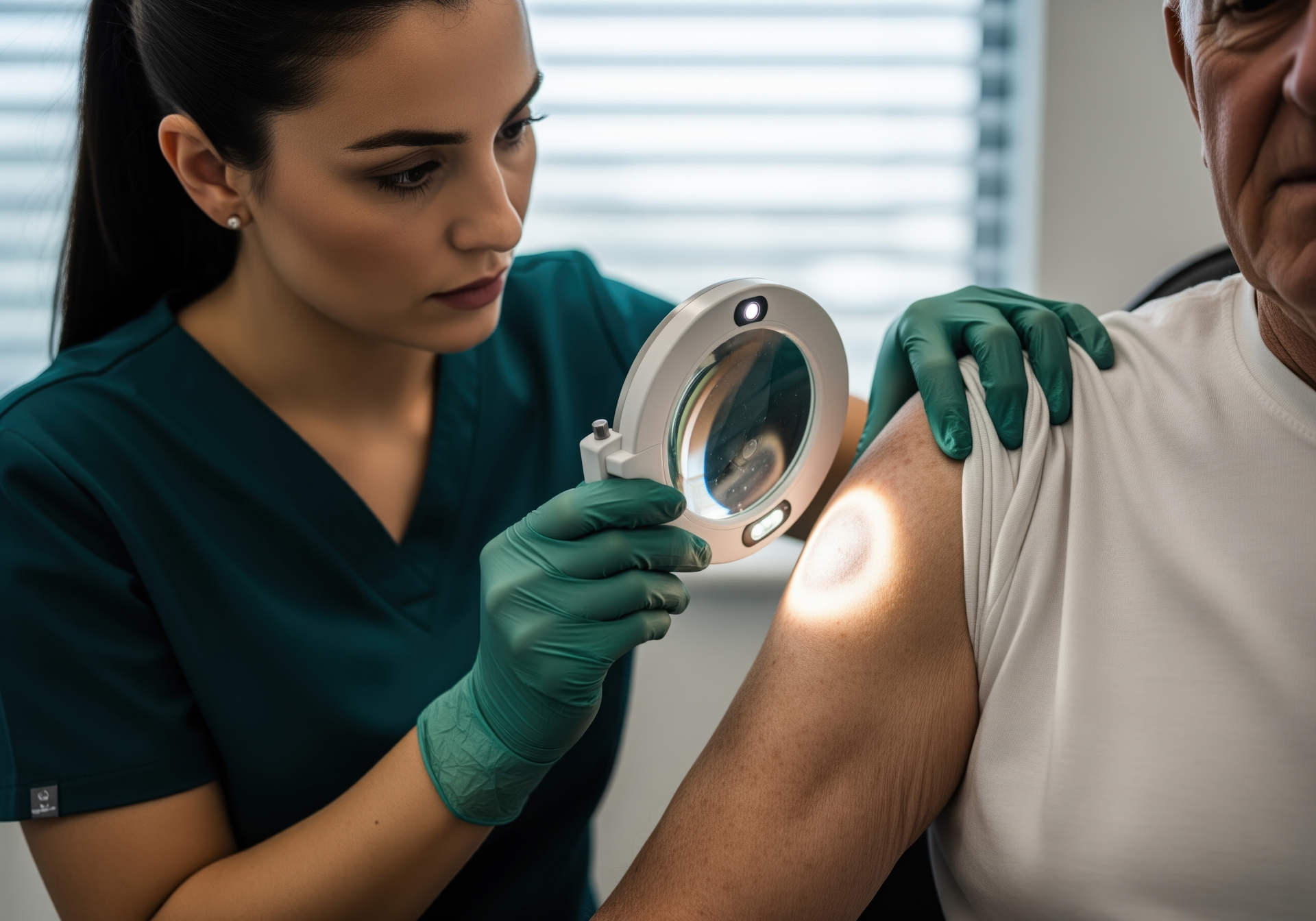 Dermatologist examining patient's skin with dermatoscope