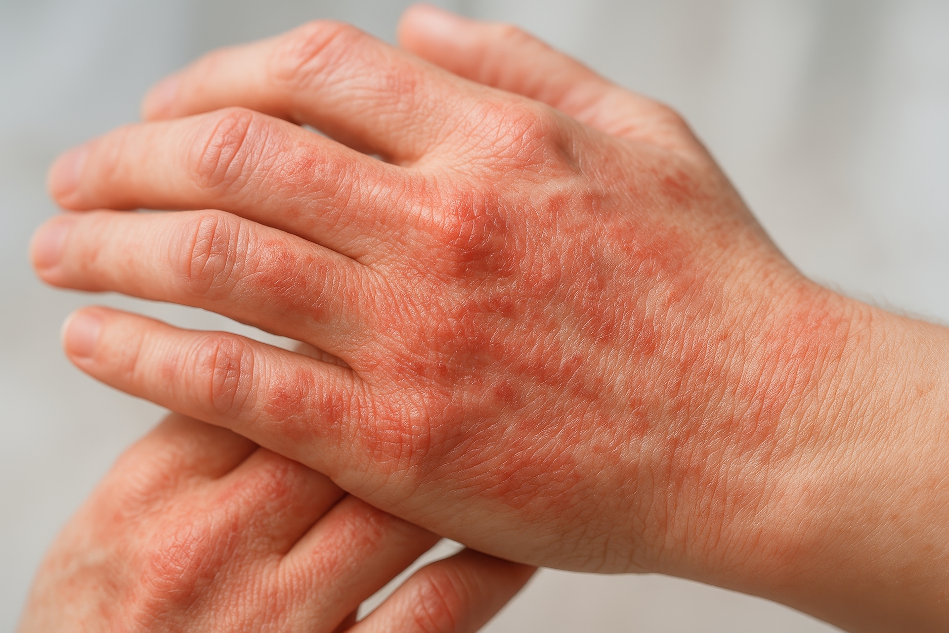 Contact dermatitis on hands showing irritation and redness
