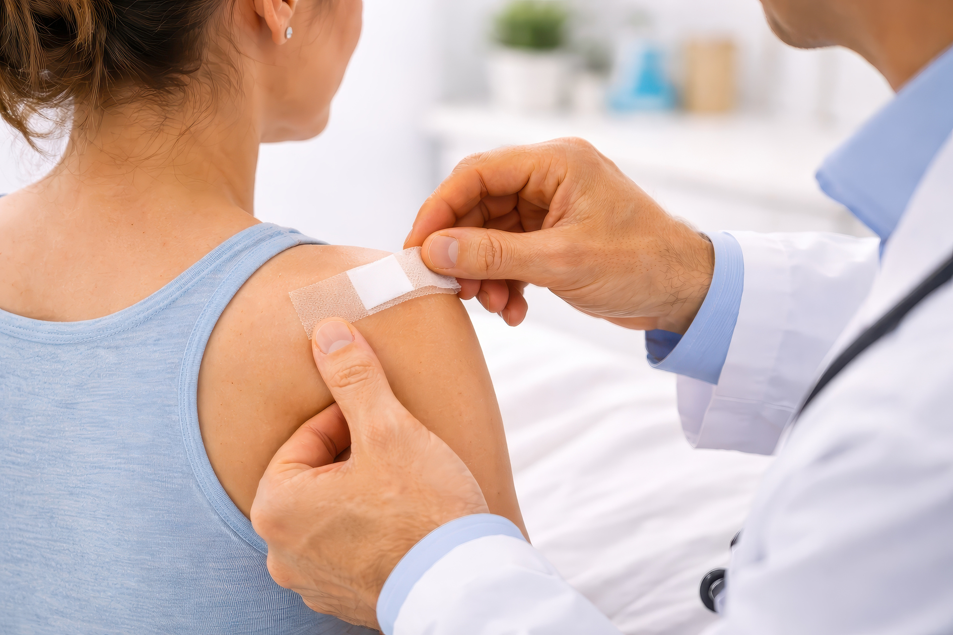 Doctor applying patch test to patient's shoulder